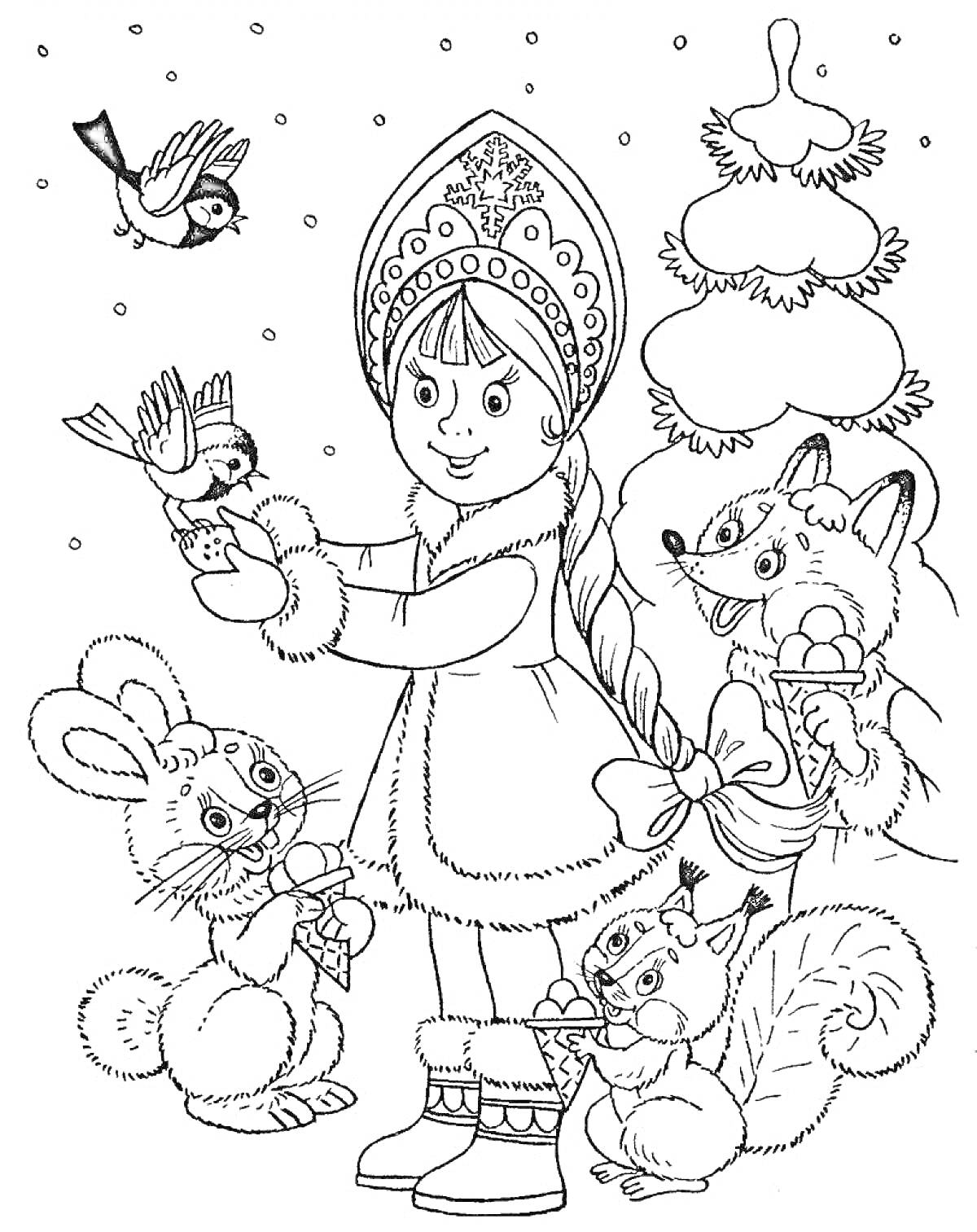 Раскраска Девочка в наряде Снегурочки кормит птиц, рядом лиса, белка, заяц, ёлка