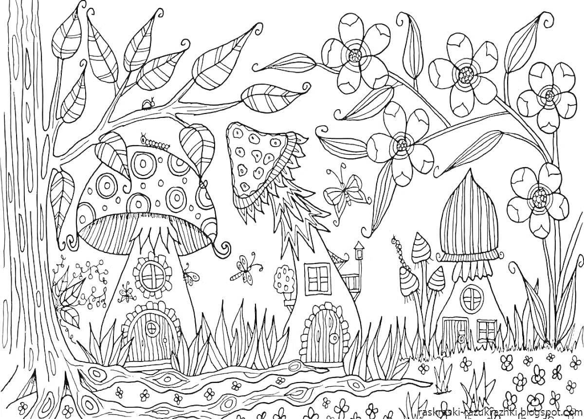 Раскраска Весенняя антистресс-раскраска с деревьями, листьями, грибными домиками, бабочками, цветами и травой