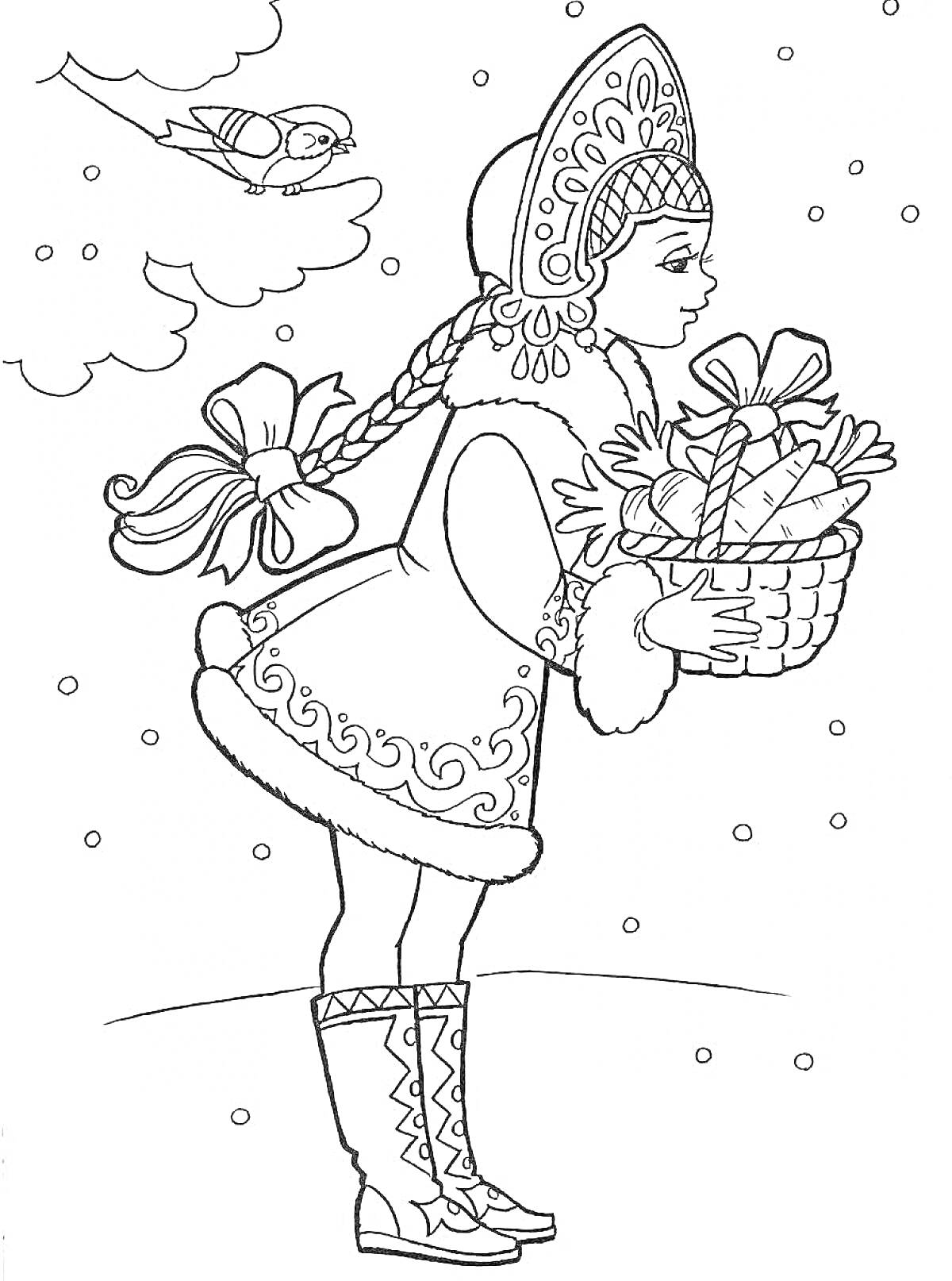 На раскраске изображено: Снегурочка, Кокошник, Коса, Подарки, Птица, Ветка, Снег, Зима, Снегопад