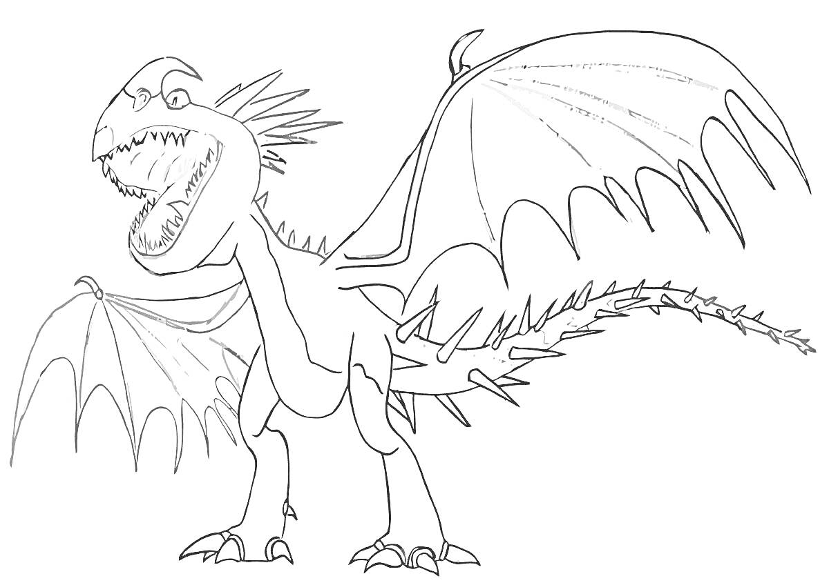 Раскраска Дракон Громгильда с раскрытыми крыльями и зубастой пастью