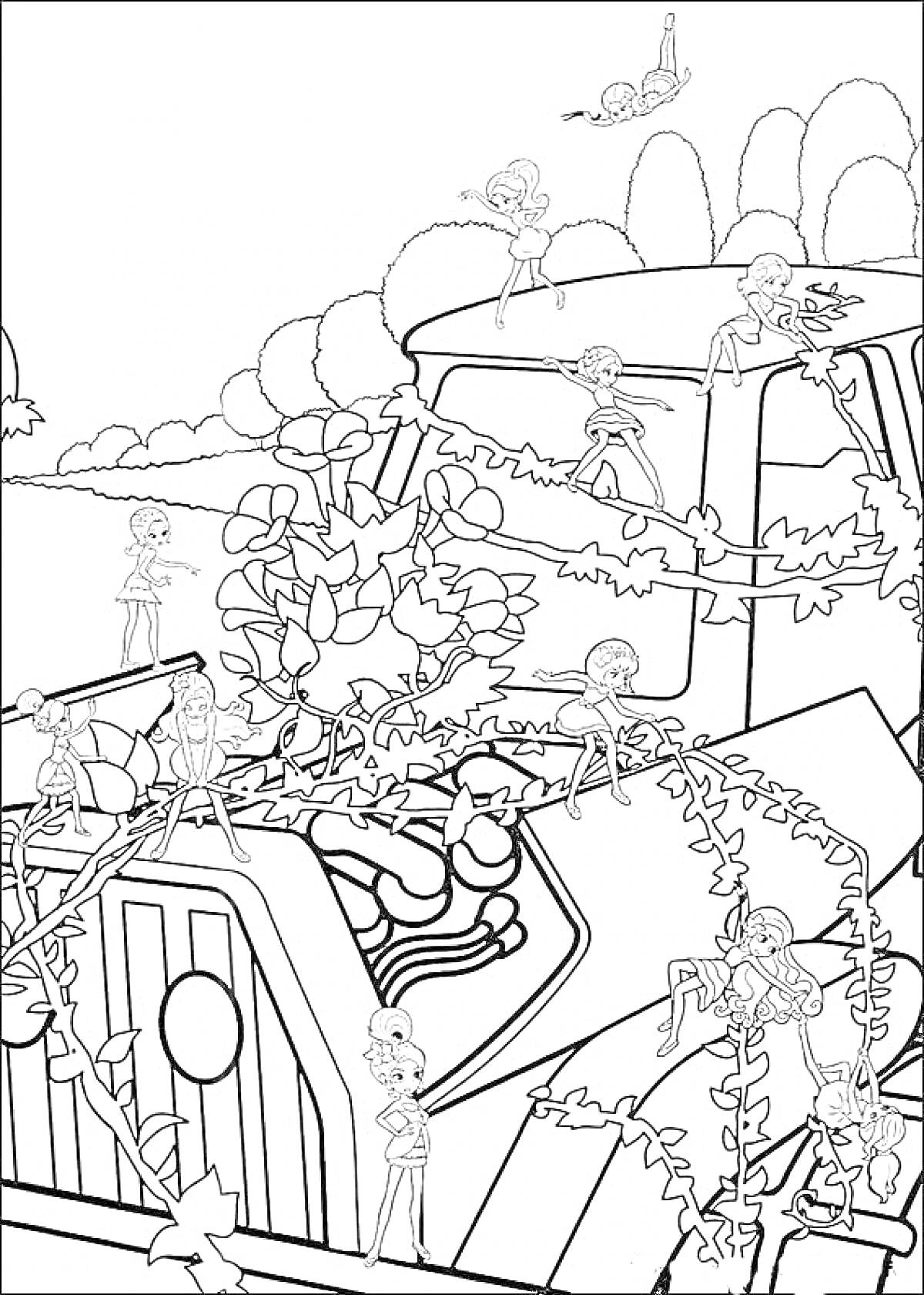Раскраска Дюймовочки на фоне большой машины с растениями и виноградными лозами