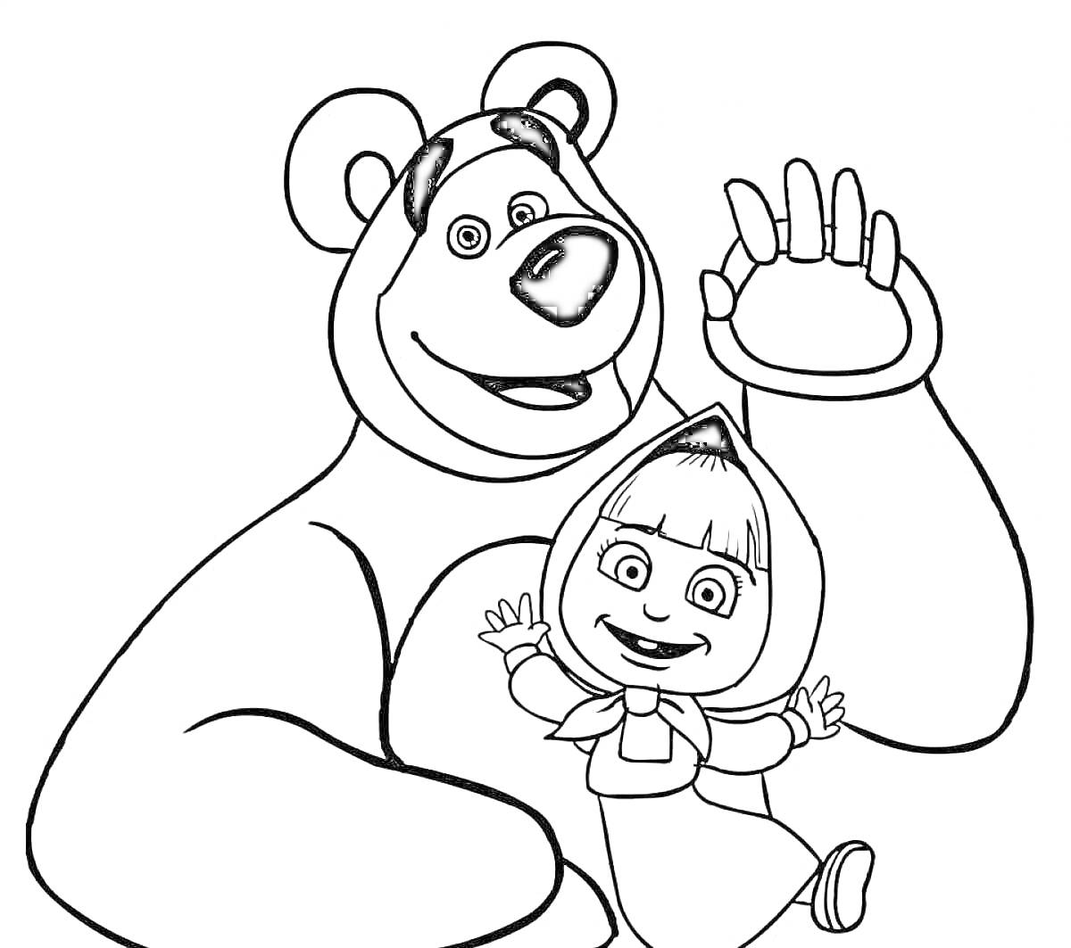 Раскраска Медведь и девочка в платке, девочка сидит на руке медведя и улыбается, медведь машет рукой