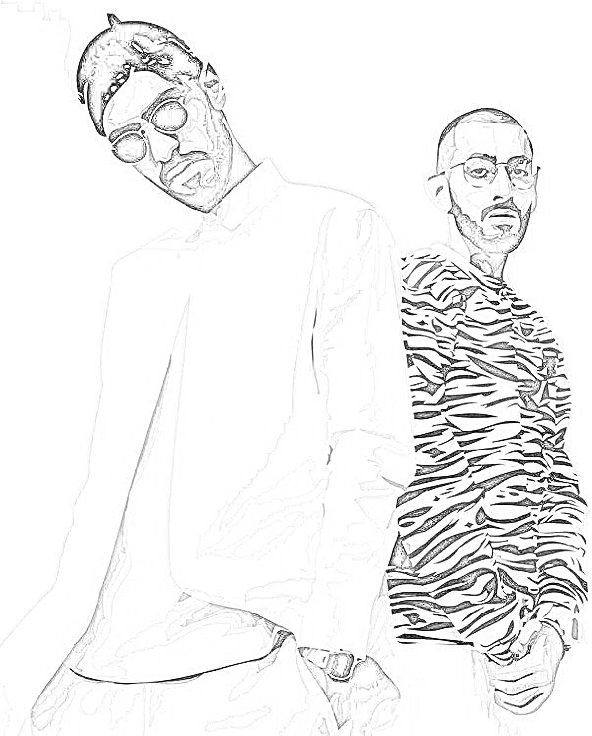 Раскраска Мужчины в стильной одежде: один в белой рубашке и солнцезащитных очках, второй в кофте с зебровым принтом и очках.