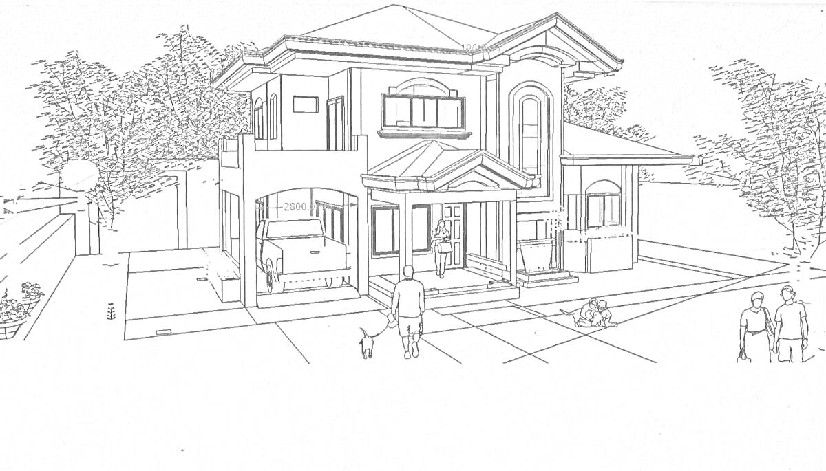 На раскраске изображено: Дом, Забор, Деревья, Двор, Собака, Человек