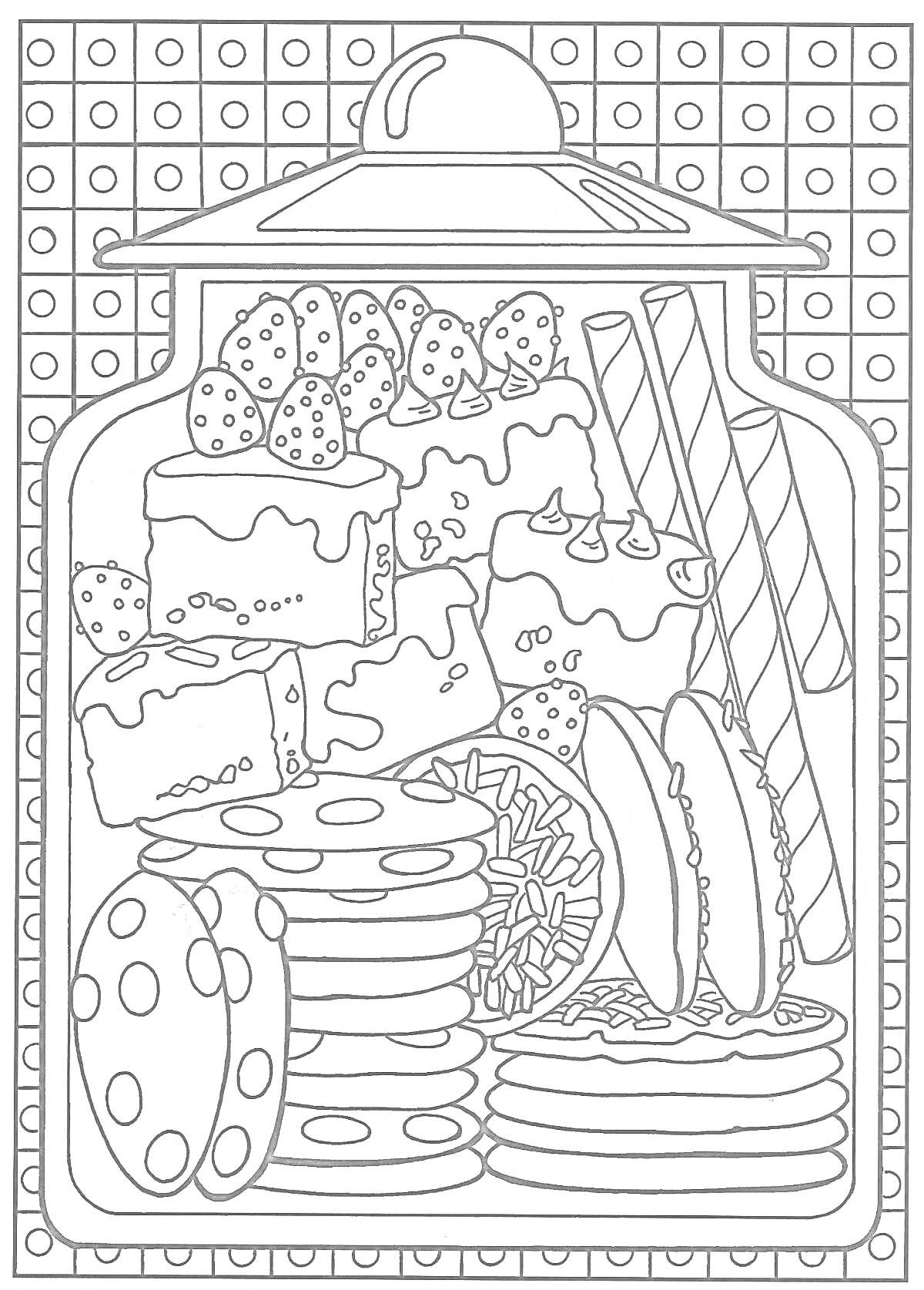Раскраска Банка с ягодным тортом, макаронами, леденцами, шоколадными конфетами, печеньем и клубникой
