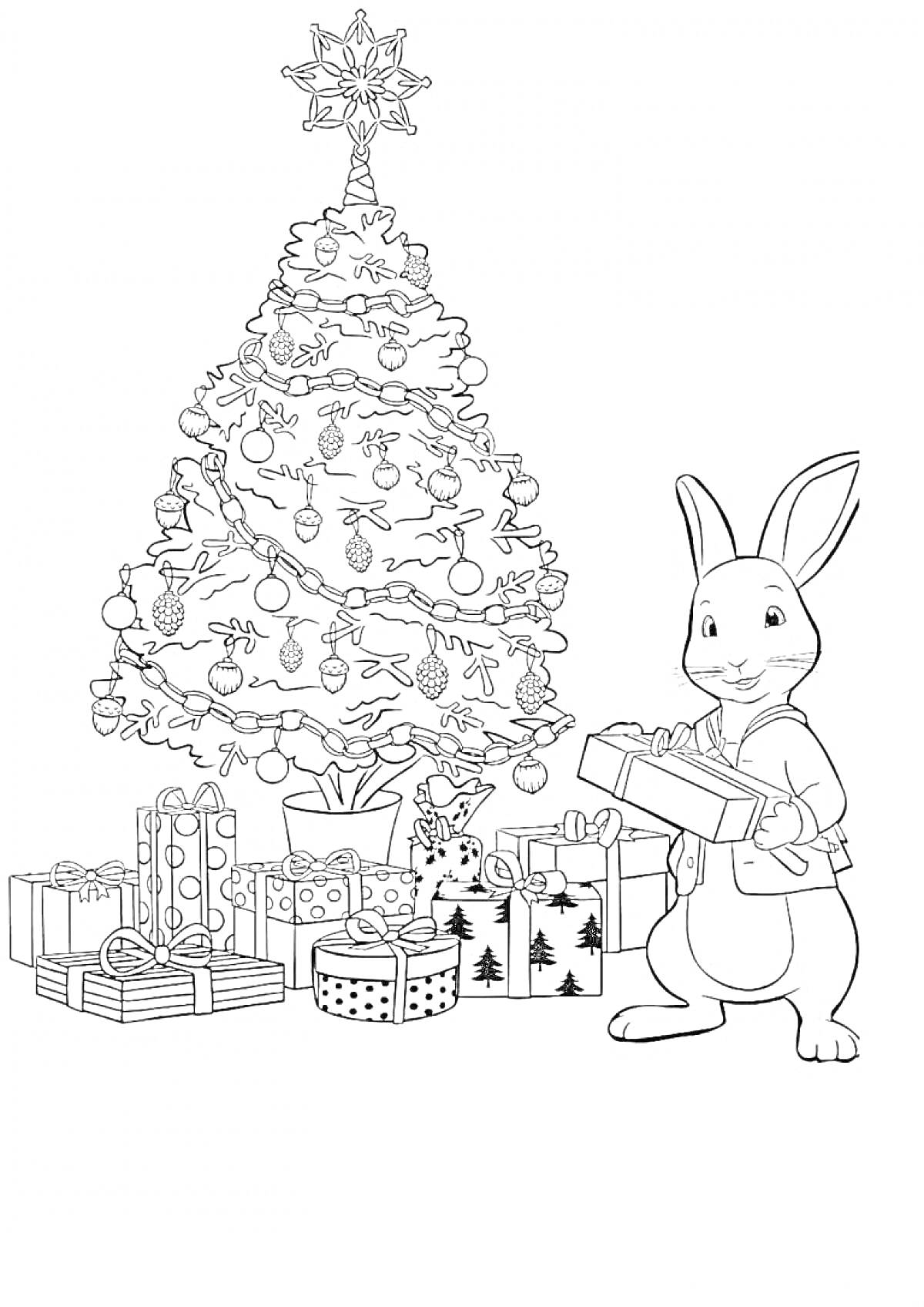 На раскраске изображено: Рождественская елка, Подарки, Украшения, Новый год, Праздничное дерево, Рождественские украшения, Звезда на елке, Кролик