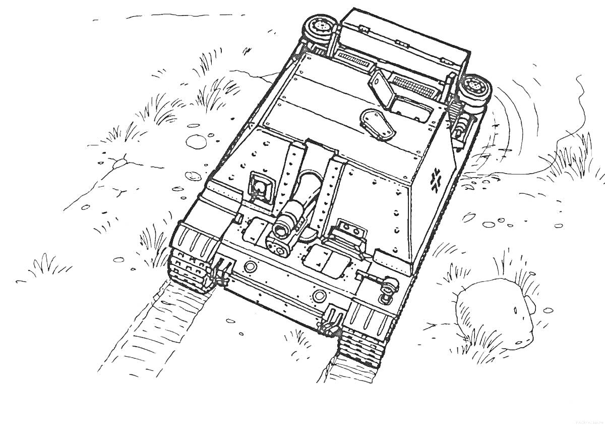 Раскраска Военная гусеничная техника на бездорожье