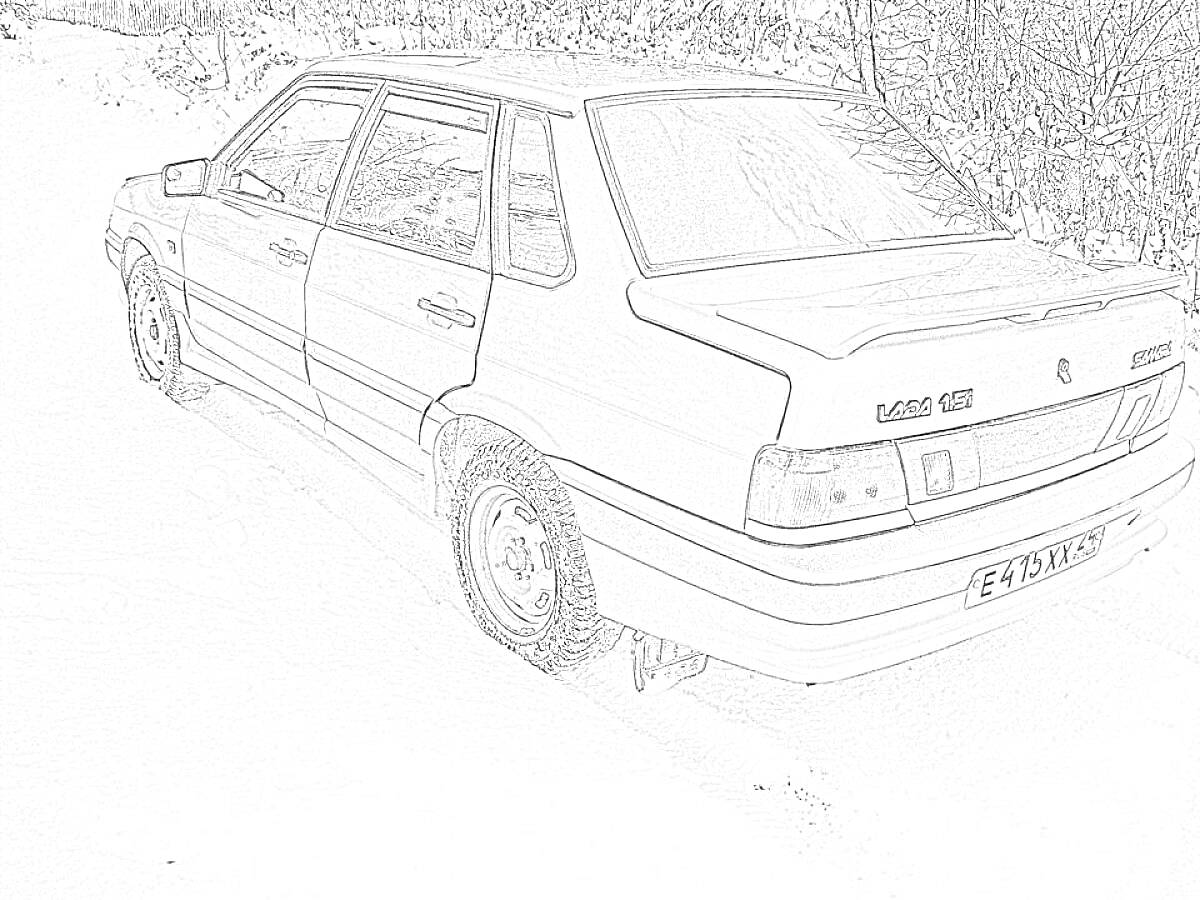 Раскраска ВАЗ 2114 на зимней дороге, машина заснеженная, деревья на заднем плане