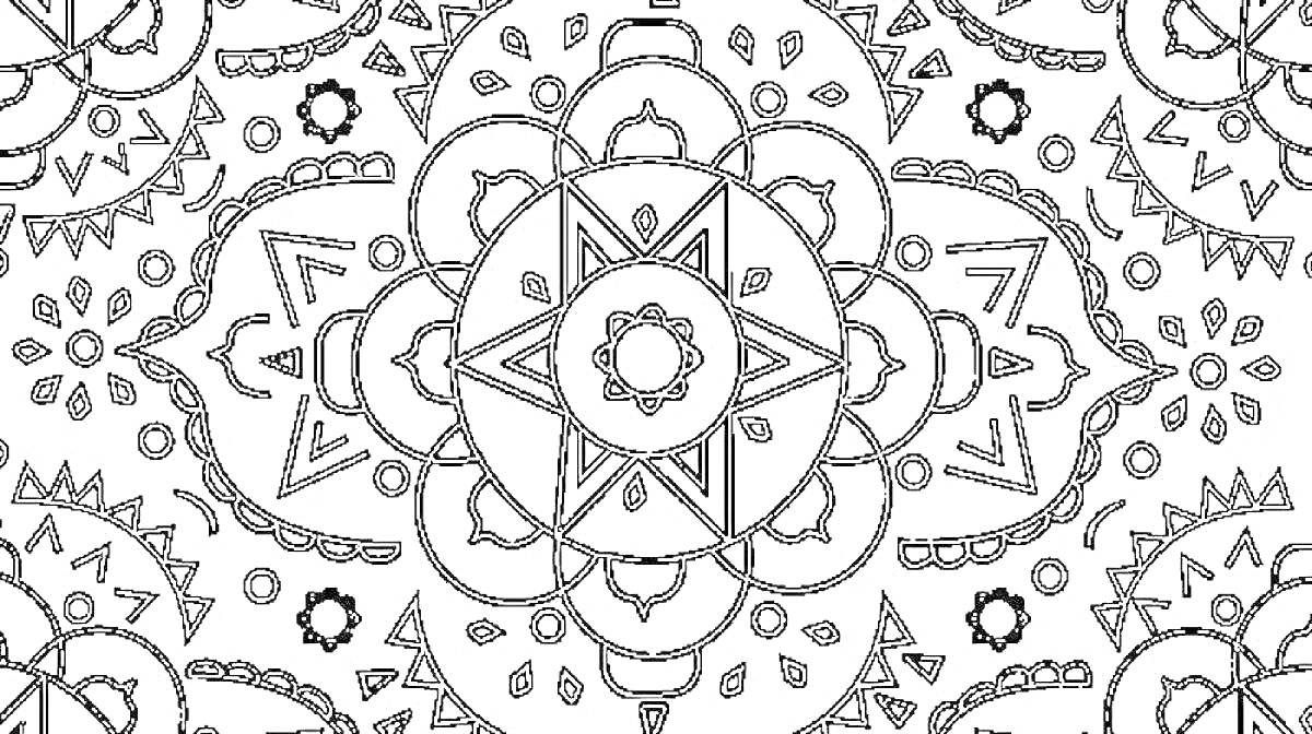 Раскраска Коврик с мандалой, геометрическими узорами и цветочными элементами