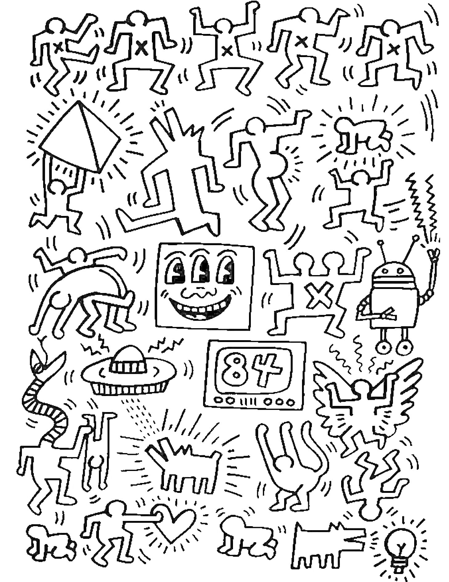 На раскраске изображено: Робот, НЛО, Крылатое существо, Коллаж, Абстракция, Творчество