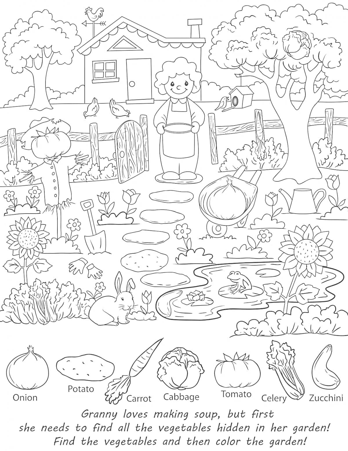 На раскраске изображено: Овощи, Сад, Для детей, Лук, Картофель, Морковь, Капуста, Томат, Сельдерей