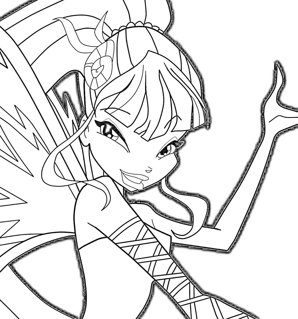 Раскраска Девушка-фея с длинными волосами, крыльями и плетеными элементами на одежде