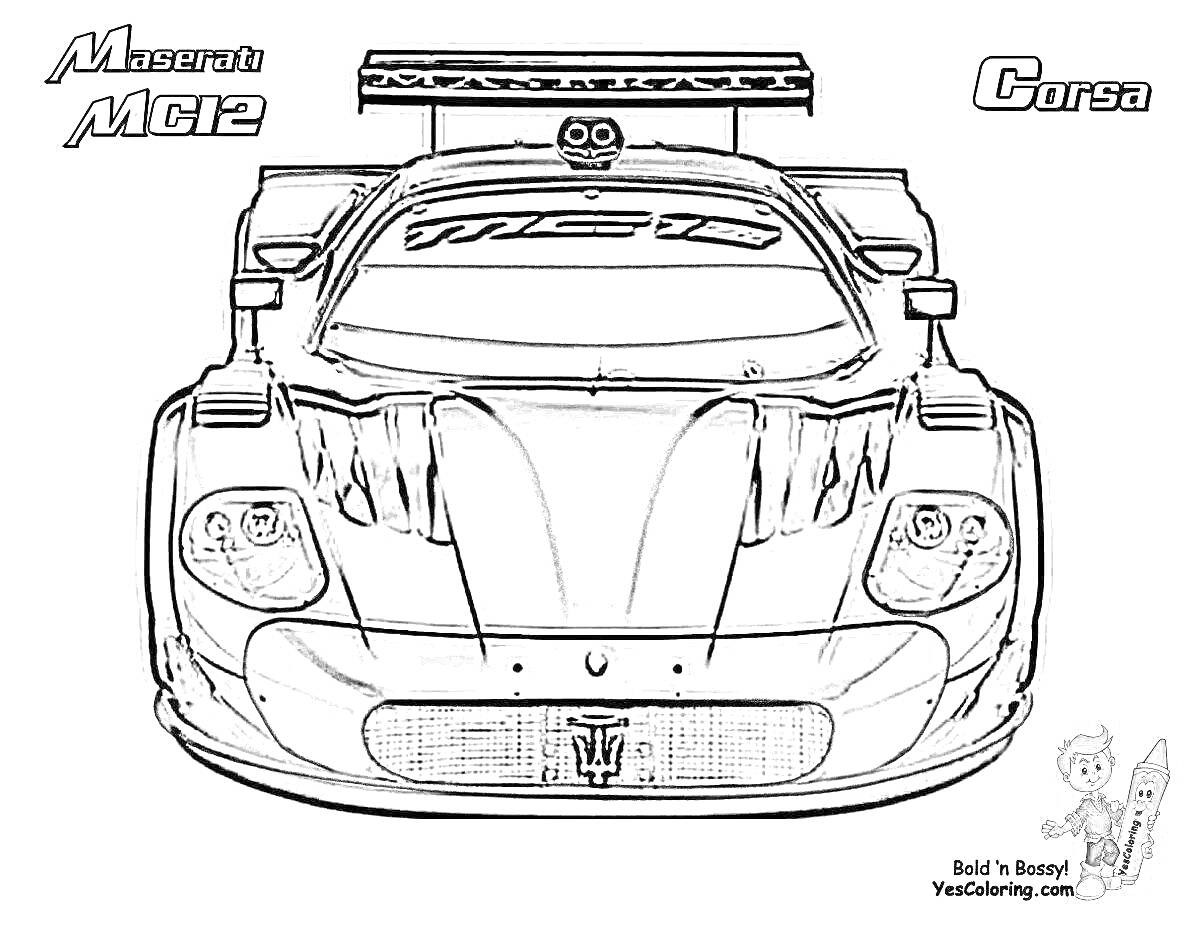 РаскраскаMaserati MC12 Corsa вид спереди с крупным сплиттером, большим задним спойлером и надписями 