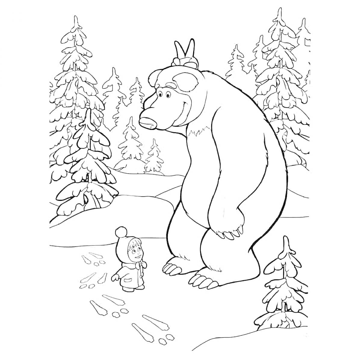 На раскраске изображено: Маша, Медведь, Лес, Зима, Снег, Деревья, Приключения