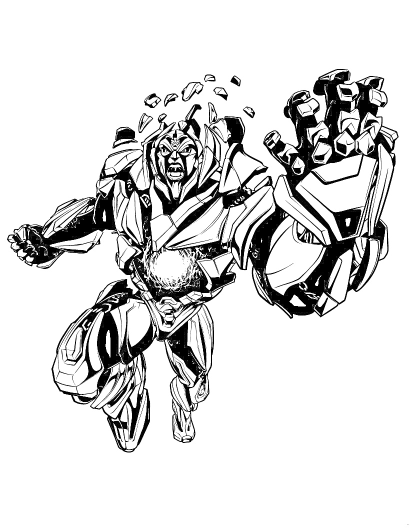 Раскраска Герой в броне с энергетической сферой, рука-пушка, разлетающиеся фрагменты