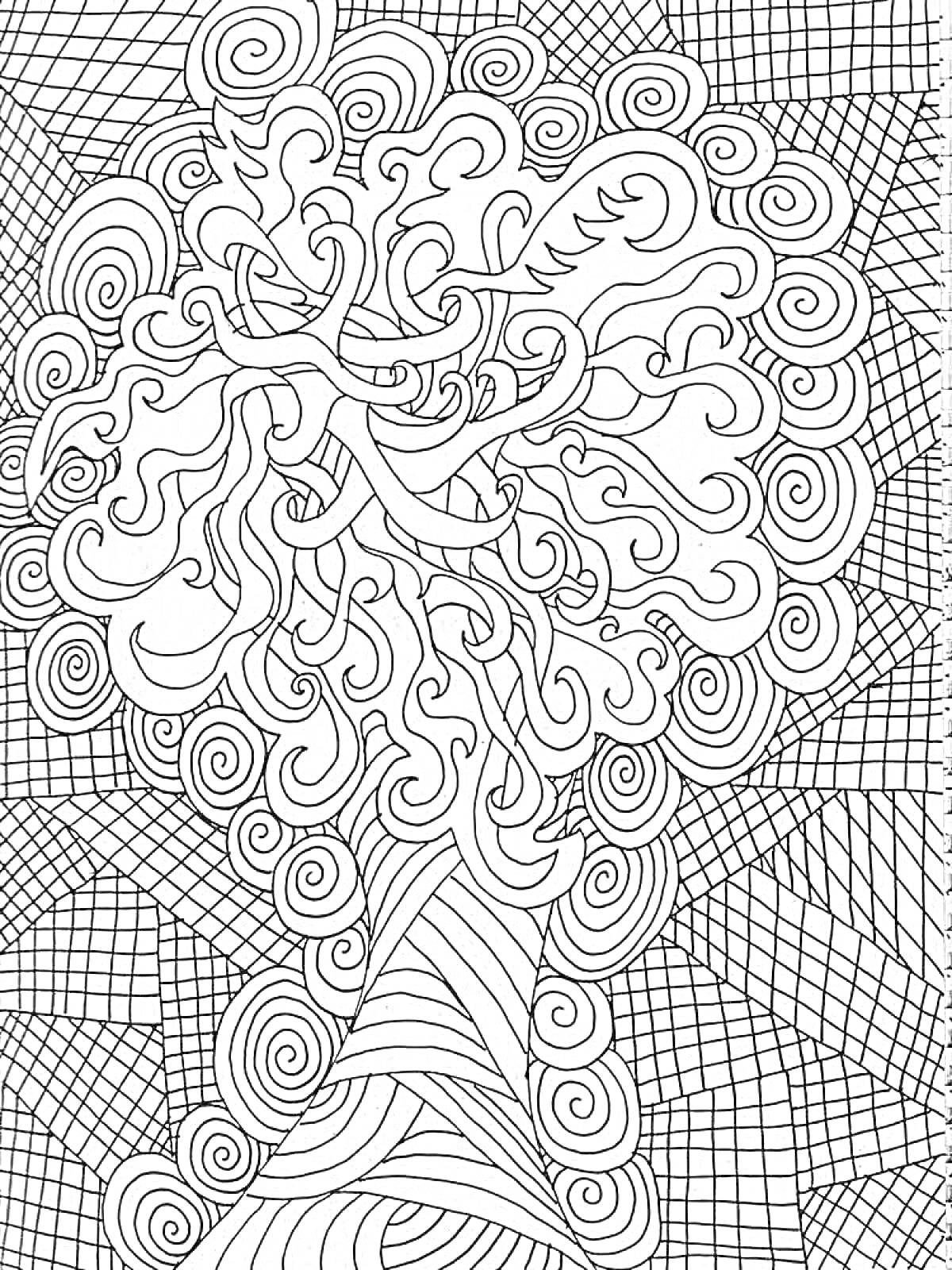 Раскраска Антистресс раскраска с деревом и узорами (волнистые линии и квадраты)