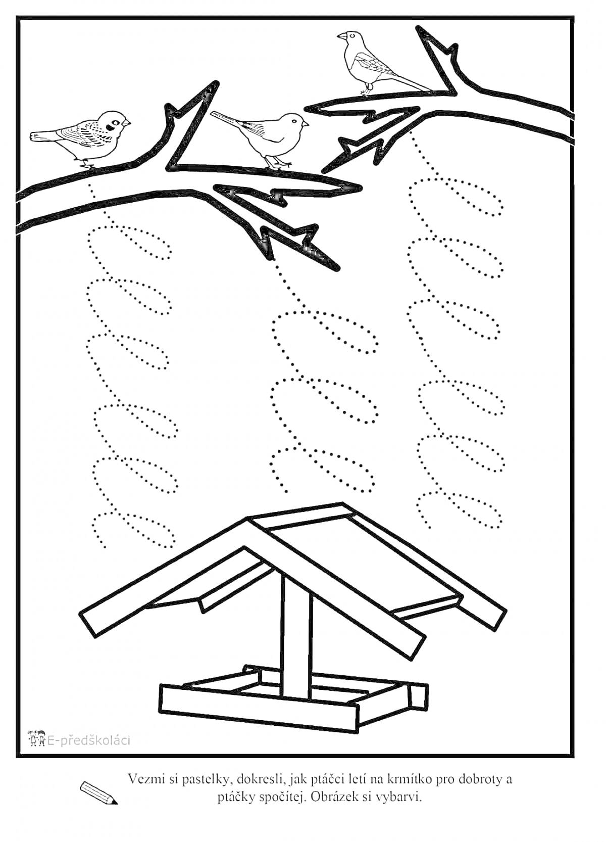 Раскраска Птичья кормушка на ветке, три птицы, ветка, кормушка для птиц, пунктирные линии для рисования