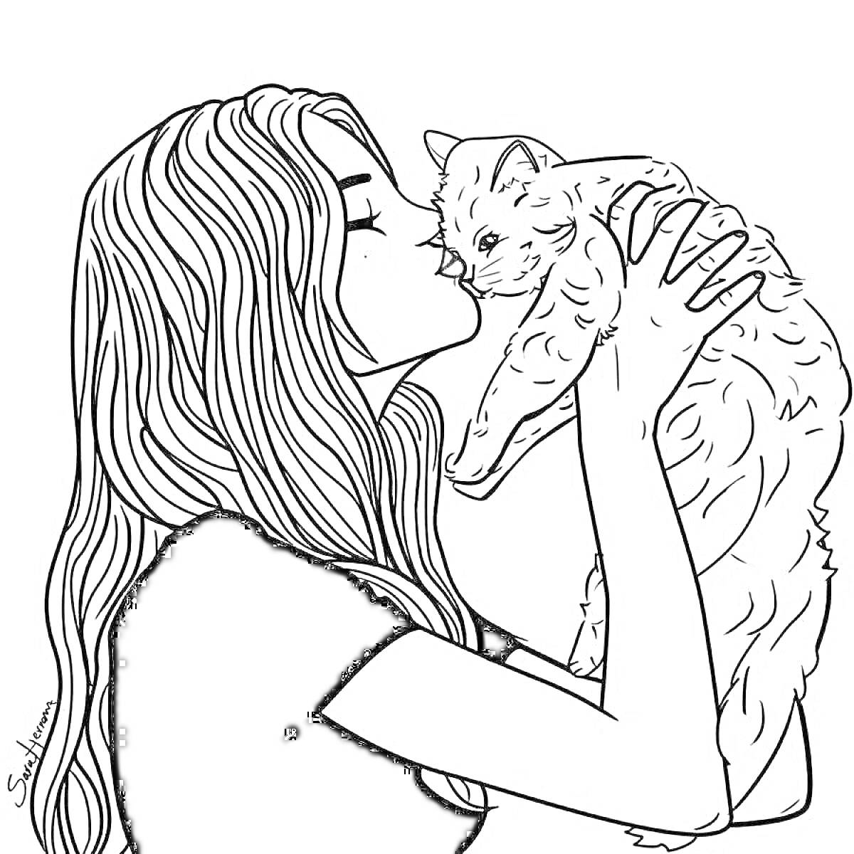 На раскраске изображено: Кот, Любовь, Чёрная футболка, Объятия, Поцелуй