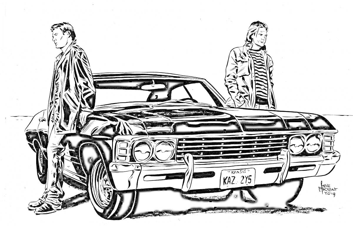 Раскраска Два человека и автомобиль