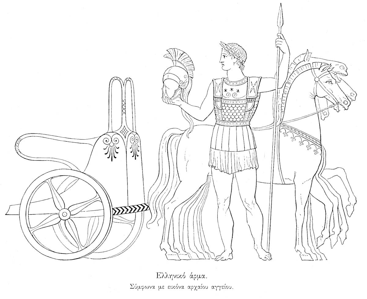 На раскраске изображено: Воин, Колесница, Лошадь, Древняя Греция, Олимпийские игры, Древность
