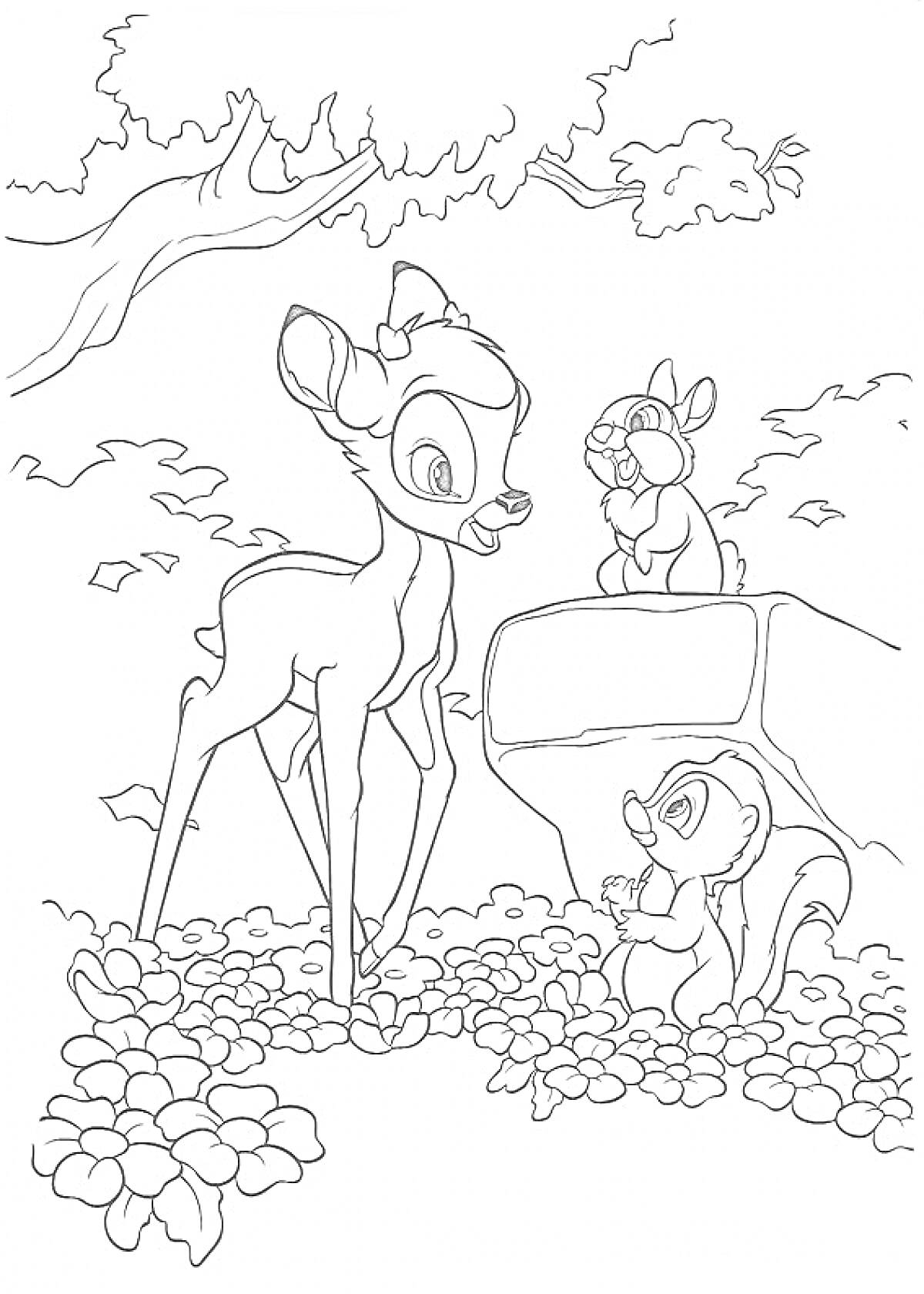 Раскраска Бэмби разговаривает с кроликом и скунсом на фоне леса под деревом