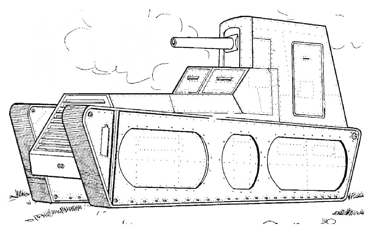 Раскраска Танк 44 с пушкой, гусеницами и бронированным корпусом на фоне облаков и травы