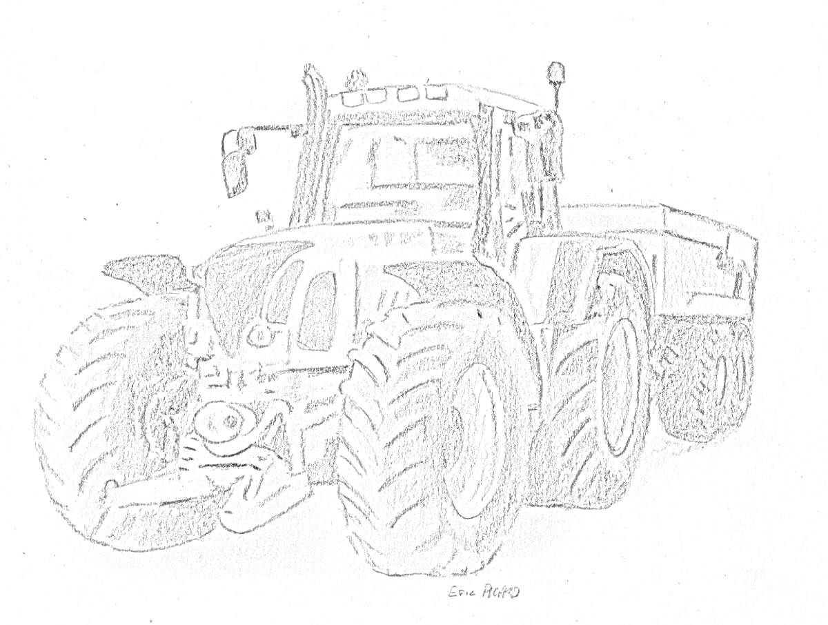 Раскраска Трактор К-700 с большими передними и задними колесами, кабиной водителя и боковым зеркалом