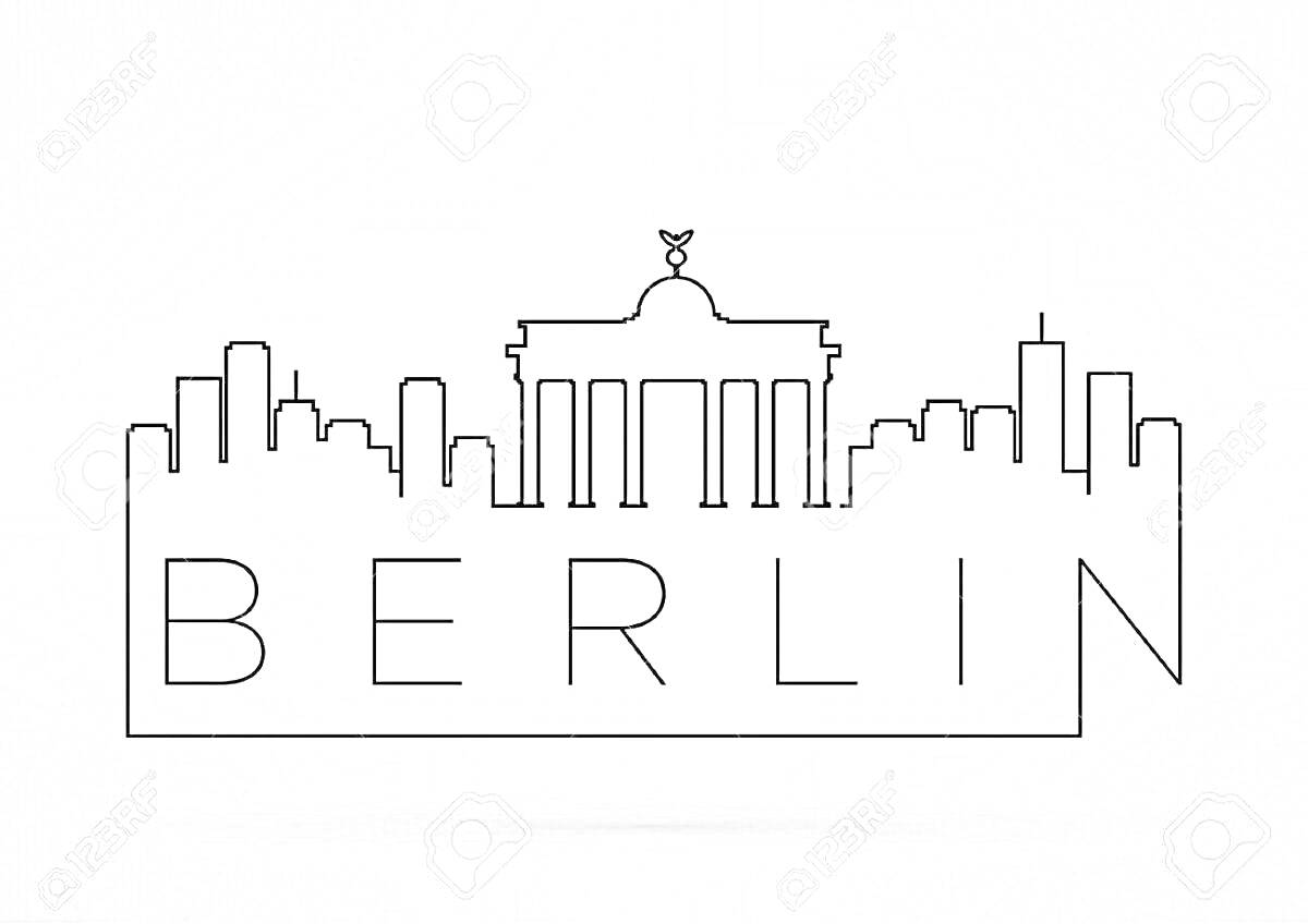 На раскраске изображено: Бранденбургские ворота, Берлин, Панорама, Архитектура, Германия