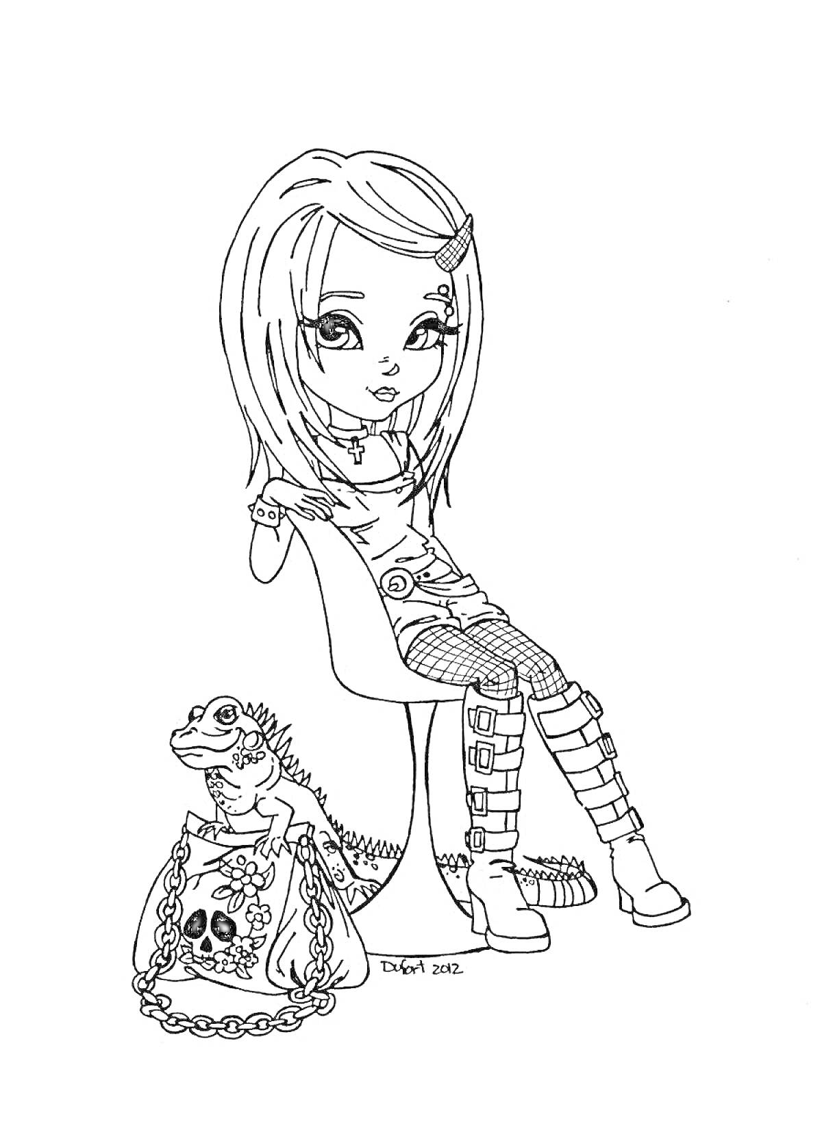 Раскраска Девочка на стуле с ящерицей и сумкой