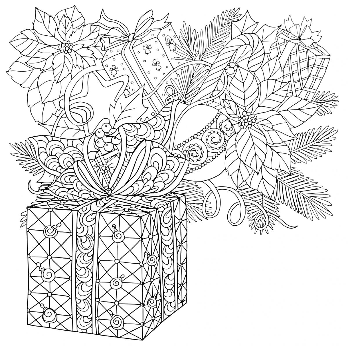 Раскраска Подарочные коробки с бантами, цветы пуансеттии, новогодние ветви