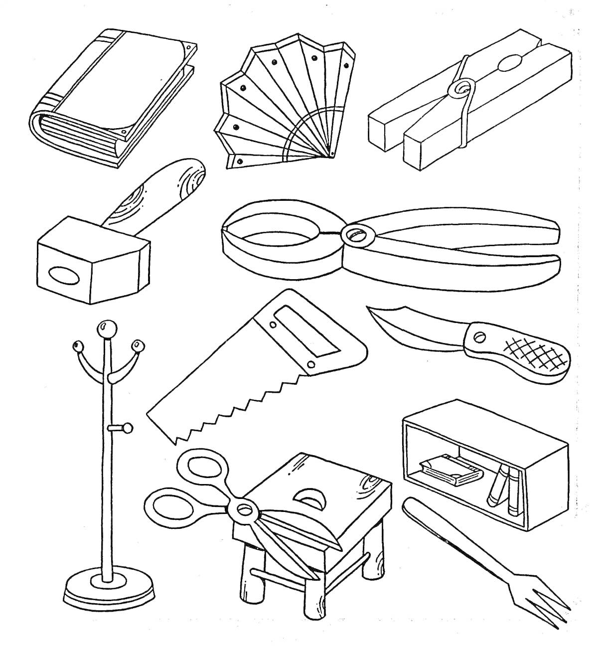 Раскраска Книга, веер, прищепка, молоток, пассатижи, пила, нож, вешалка, ножницы, табуретка, шкафчик с лекарствами, вилка