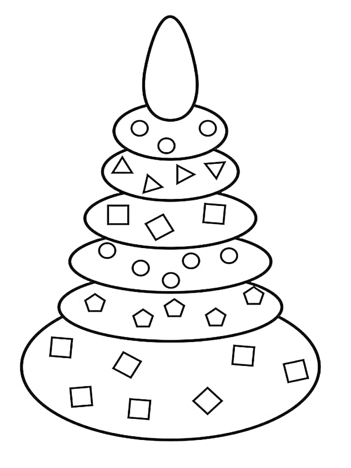 Раскраска Пирамидка из шести частей с кругами, квадратиками и треугольниками