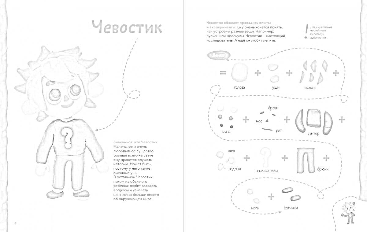 Раскраска Чевостик и детали его сборки (тело, части одежды, руки, ноги, глаза)