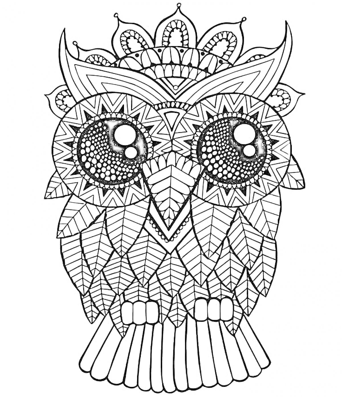 Раскраска Совушка с крупными глазами и геометрическими узорами