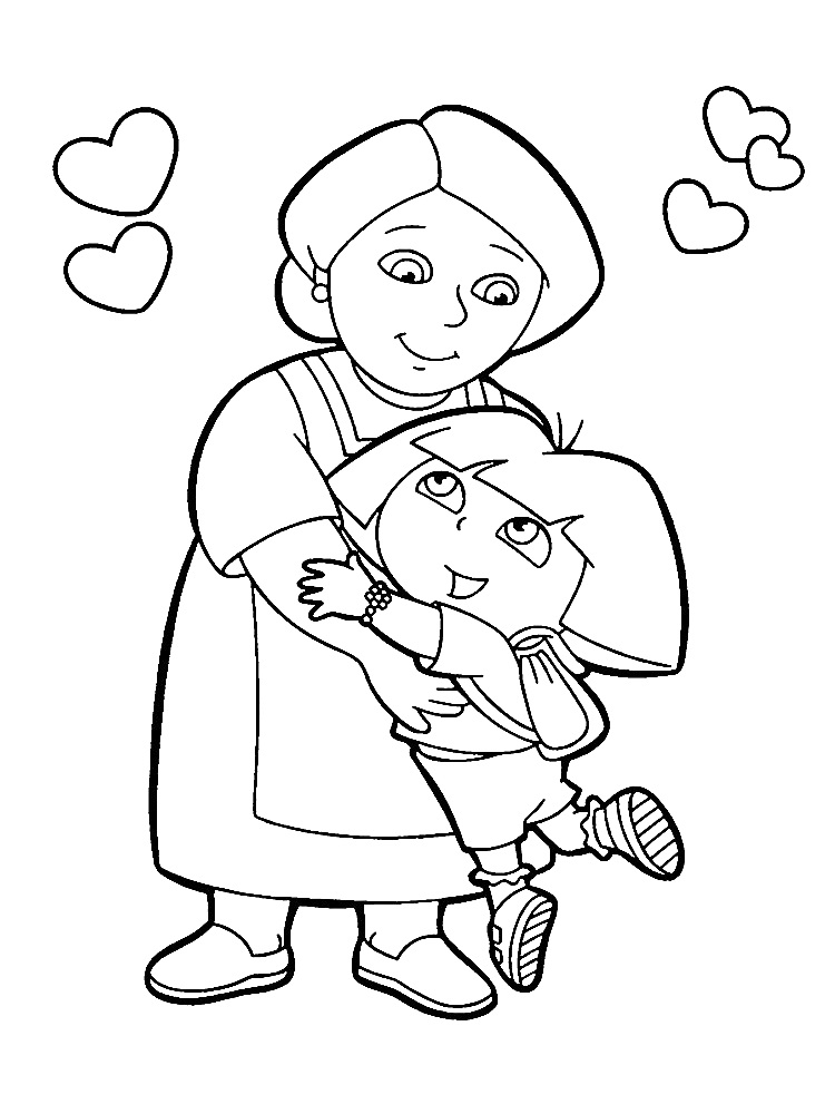 Раскраска Женщина, обнимающая девочку из Даша Путешественница, с тремя сердечками на фоне