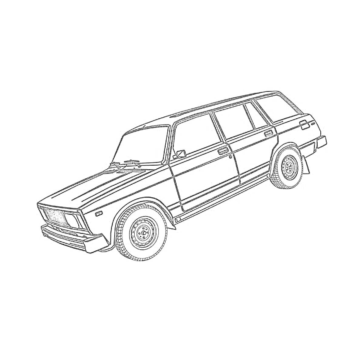 Раскраска Лада 4 – автомобиль, вид сбоку-сзади, колёса, двери, окна, боковые полосы