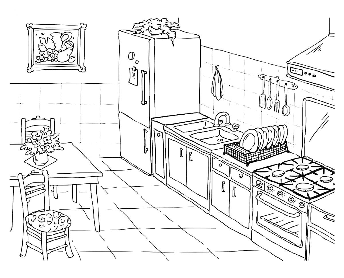 На раскраске изображено: Кухня, Холодильник, Плита, Раковина, Стол, Кастрюли, Столешница, Посуда, Декоративные элементы, Цветы, Стул, Кот