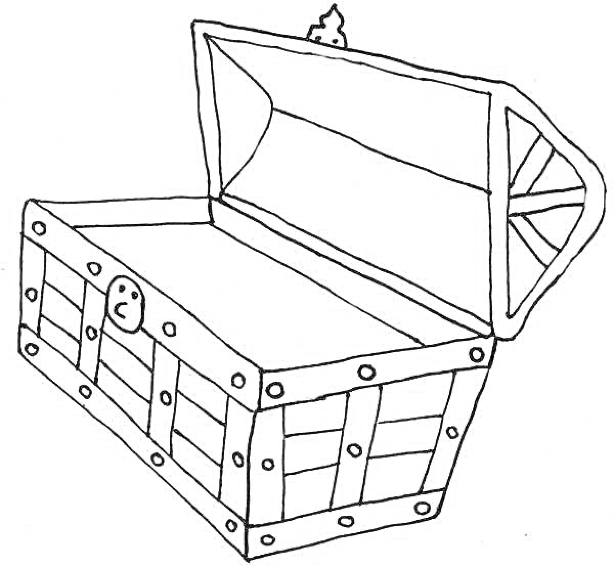 Раскраска Шкатулка с открытой крышкой, клёпками и замком.