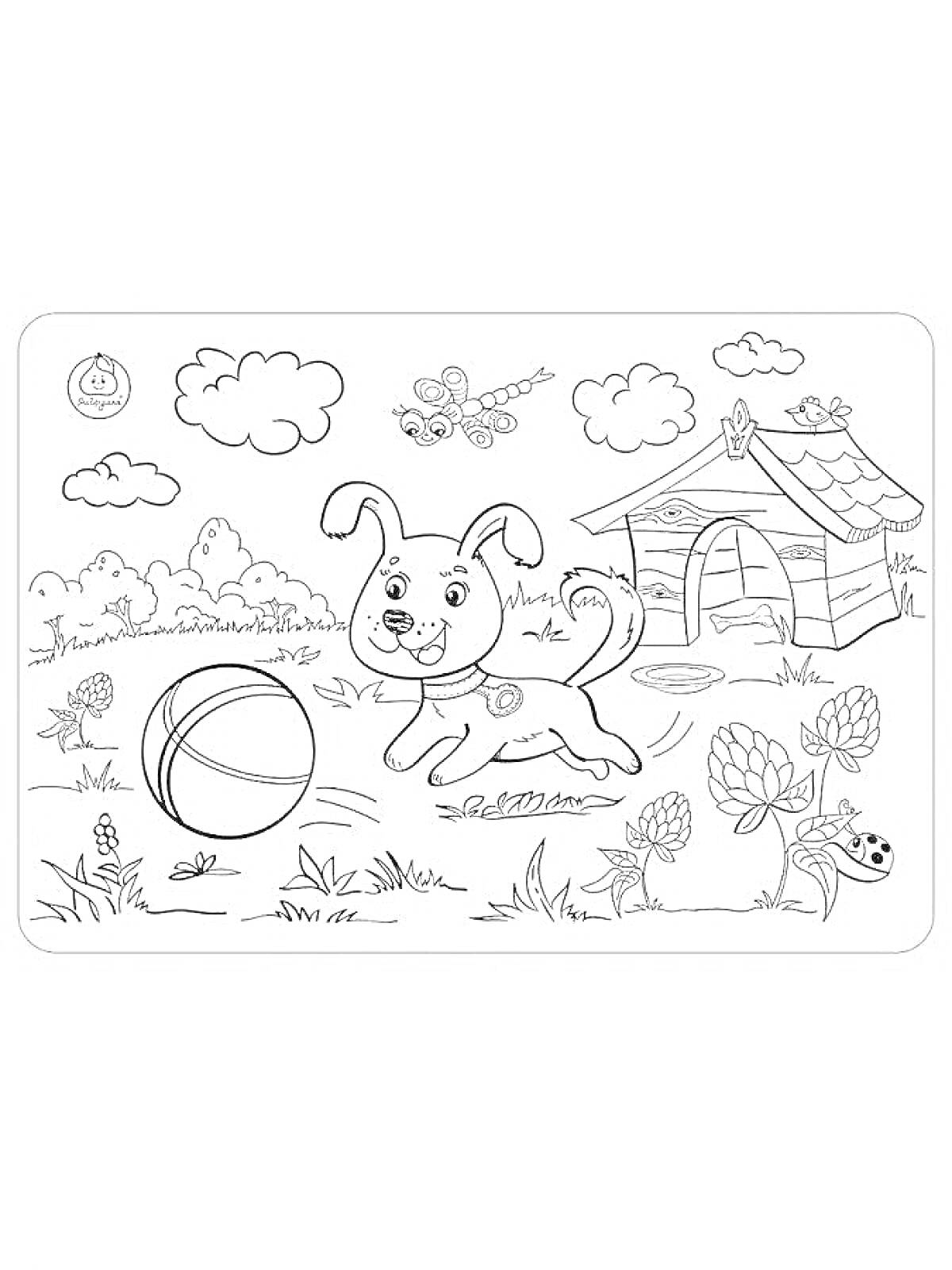 Раскраска Щенок с мячиком возле будки на лугу с цветами и насекомыми