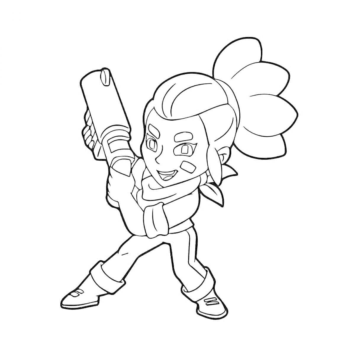 Раскраска Честер из игры Браво Старс с пушкой, повязкой на лице и волосами, собранными в хвост.