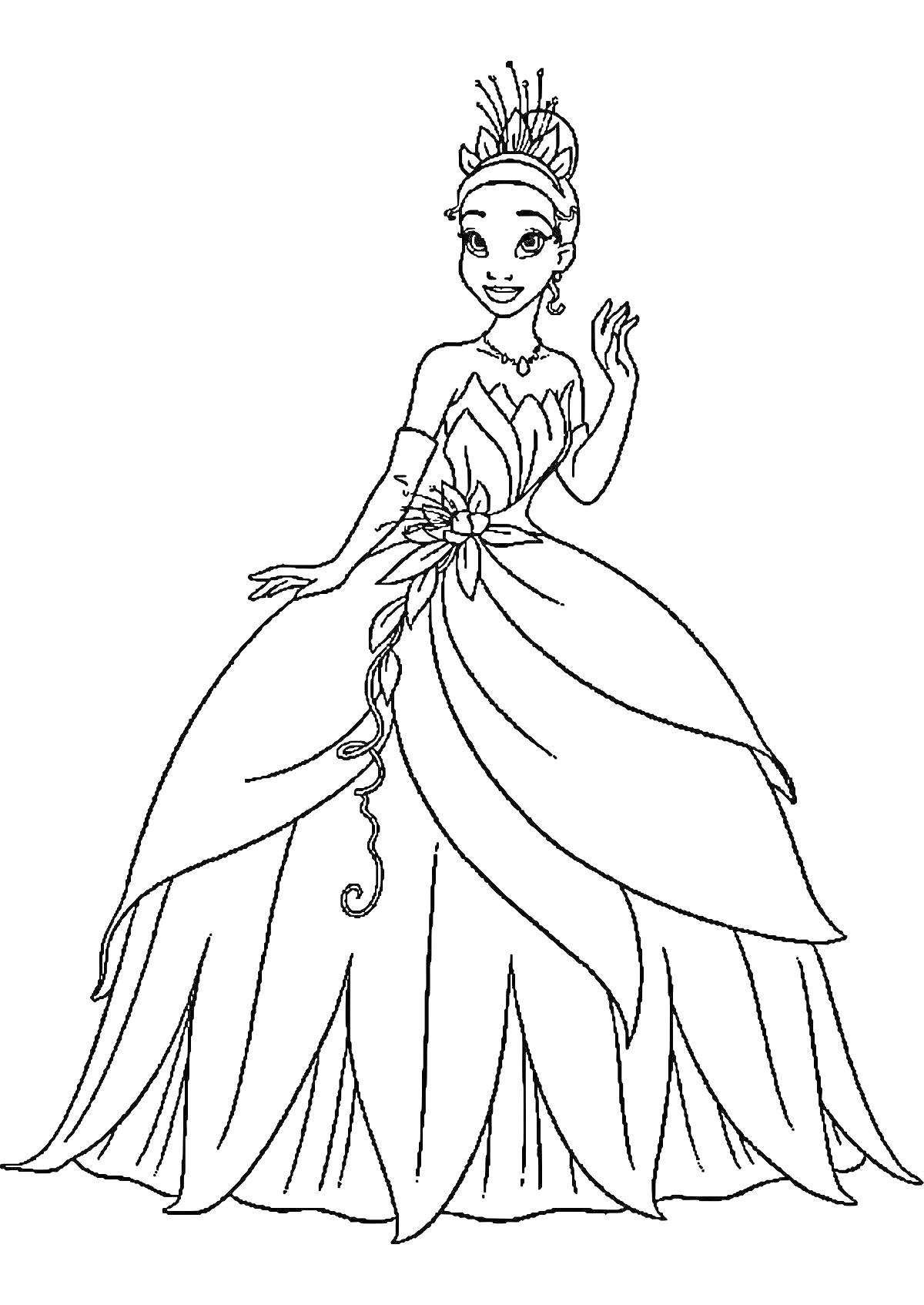 Раскраска Принцесса с тиарой и платьем с цветком
