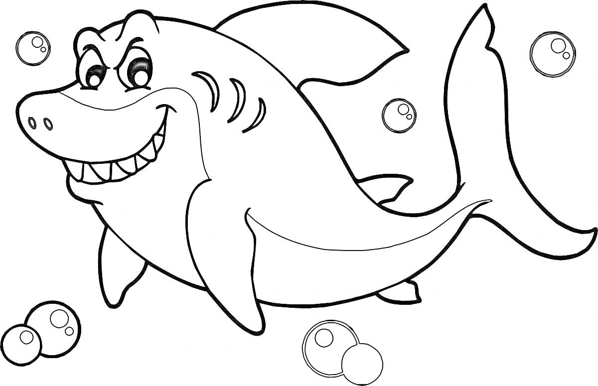 На раскраске изображено: Морская жизнь, Улыбка, Для детей, Акулы, Пузыри