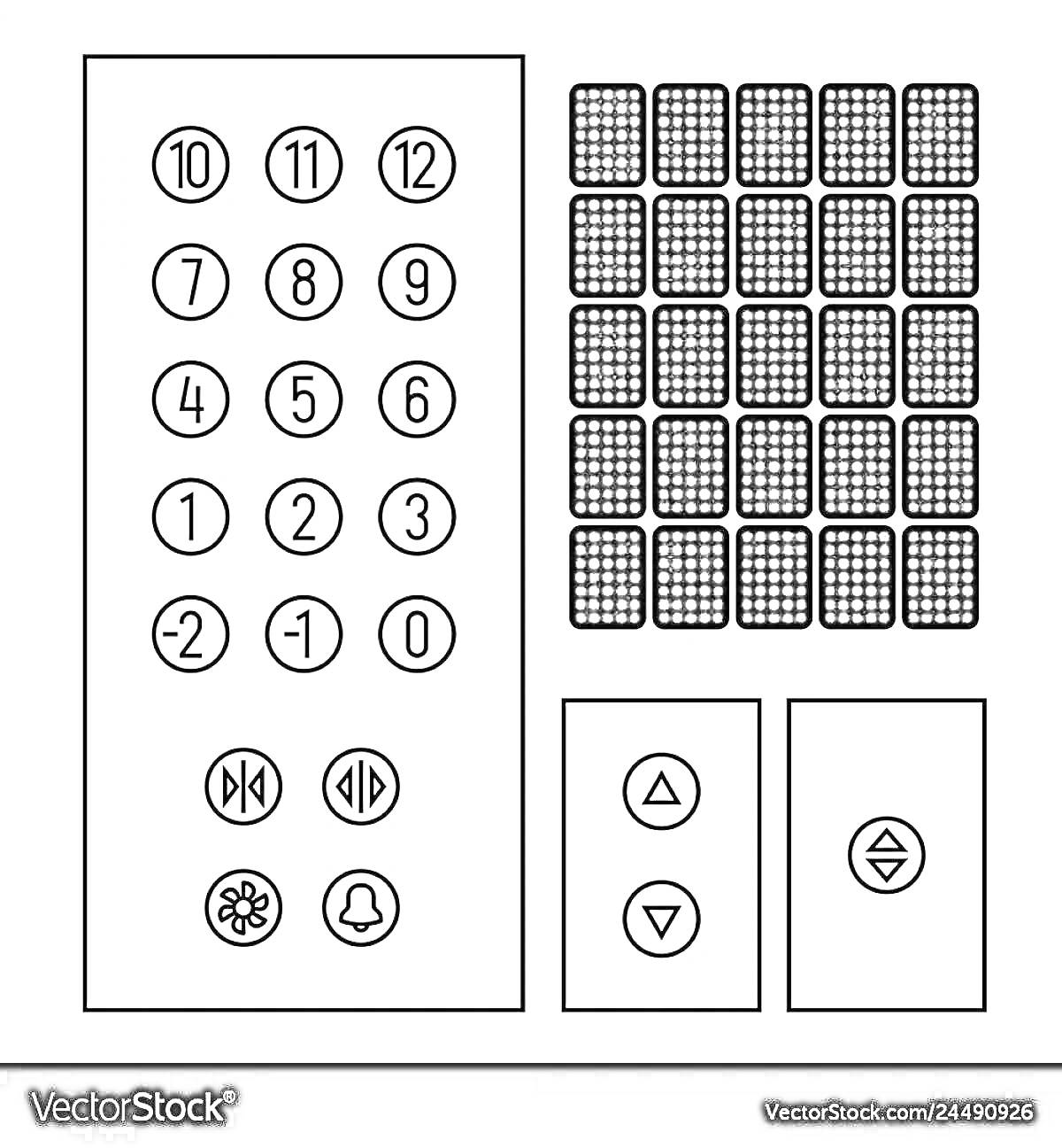 кнопки для этажей 0–12, -1, -2; кнопки управления лифтом (открытие и закрытие дверей, вентиляция, звонок); светодиодный индикатор этажей