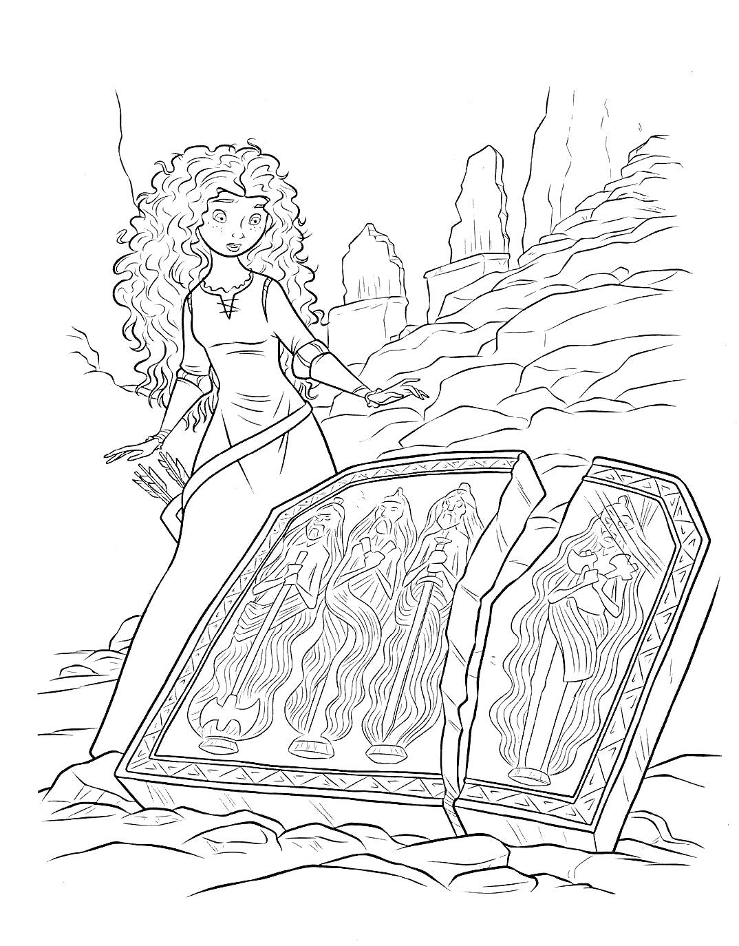 Раскраска Девушка с длинными вьющимися волосами перед сломанной каменной плитой с изображением трёх фигур