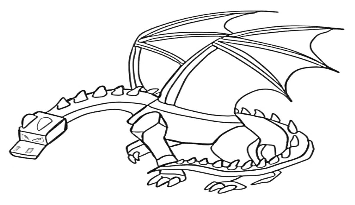 Раскраска Эндер дракон с крыльями, горкой на спине, лапами и хвостом