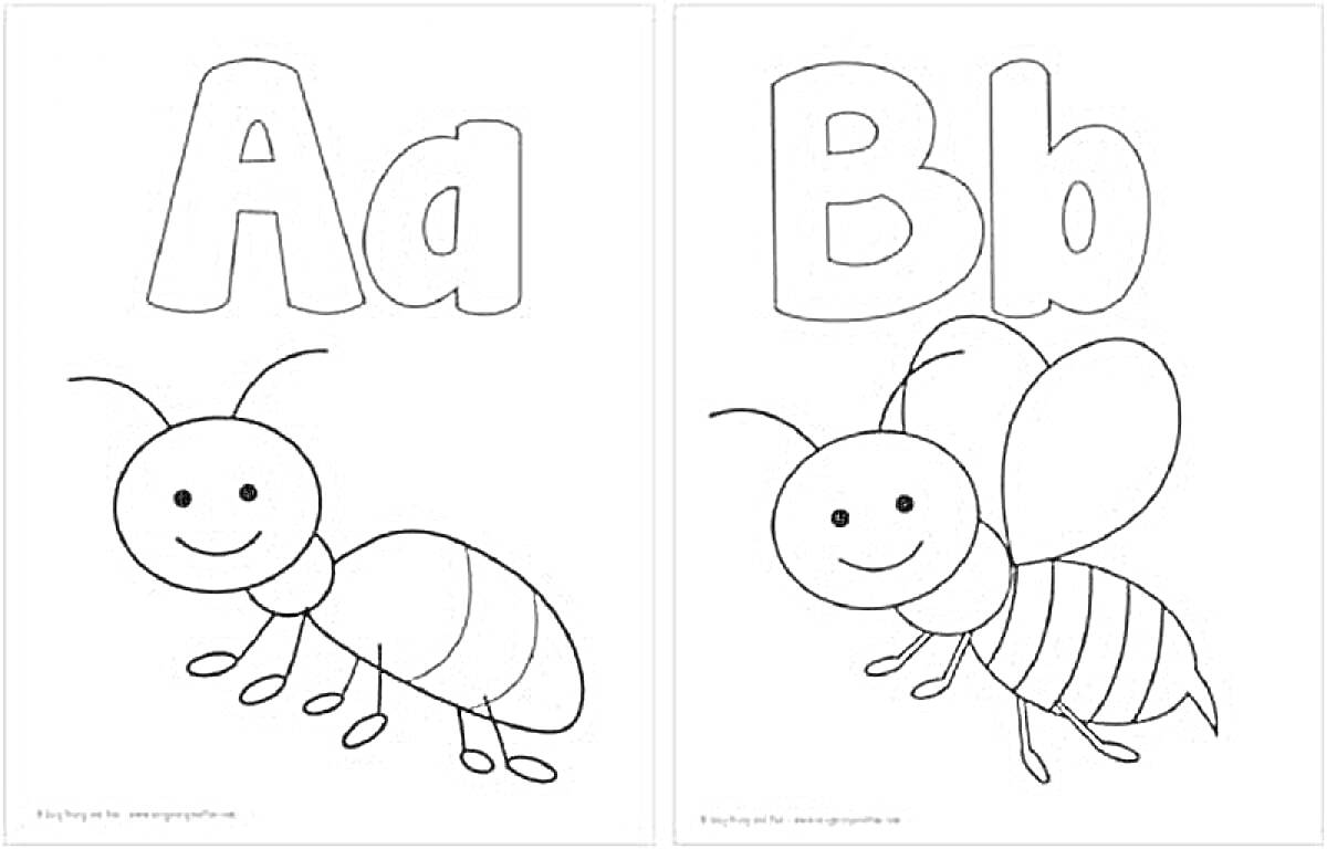 Раскраска Английский алфавит для детей 2 класса: буквы A (Ant) и B (Bee)