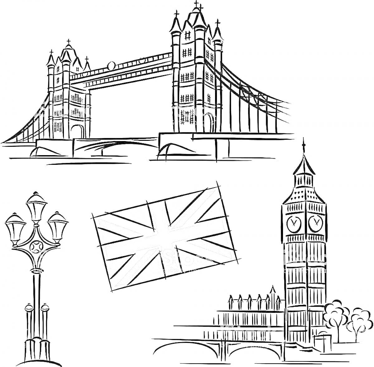 На раскраске изображено: Лондон, Достопримечательности, Тауэрский мост, Флаг Великобритании