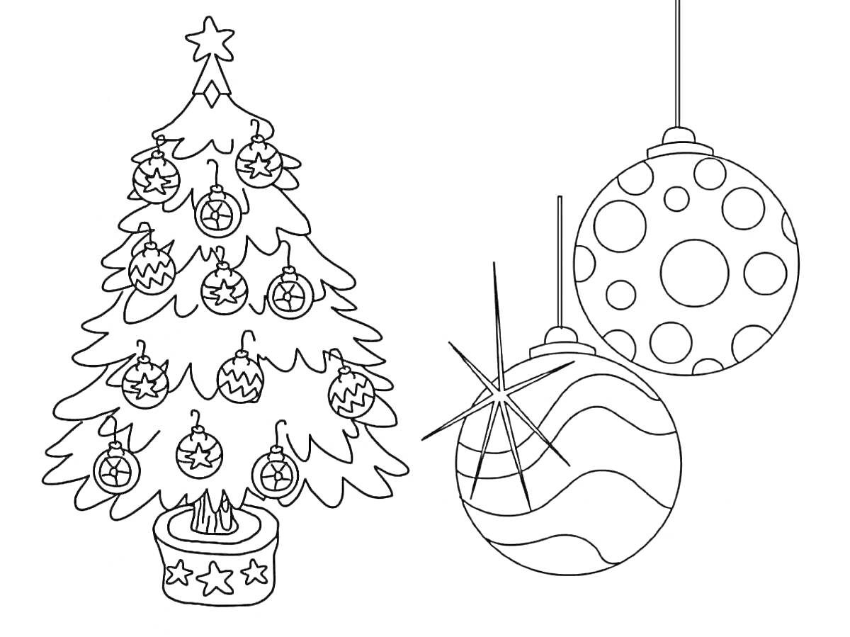 Раскраска Елка с игрушками, украшенная новогодними шарами, рядом два подвесных шара