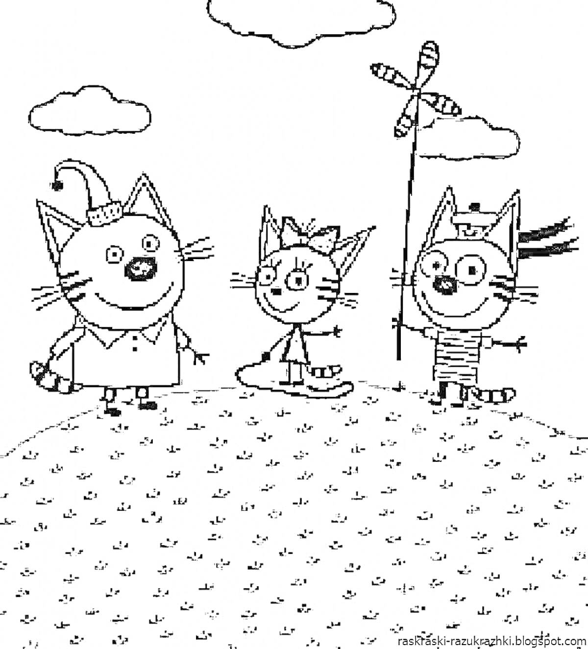 На раскраске изображено: Три кота, Воздушный змей, Облака, Друзья, Веселье, Для детей, Кот, Из мультфильмов, Холмы