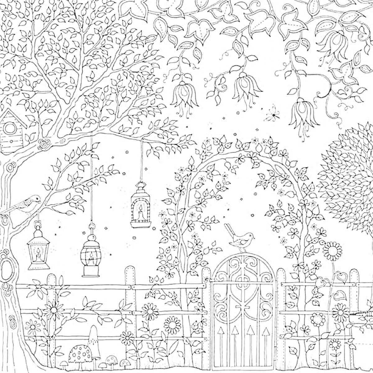 Раскраска Ворота в саду с цветущими деревьями, птичьими клетками и фонарями